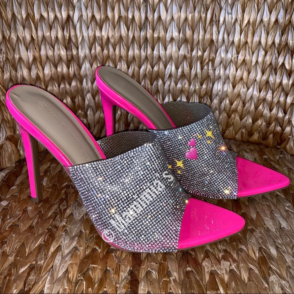 NIB Rhinestone Pointed Toe Slides Sandals - Picture 2 of 8